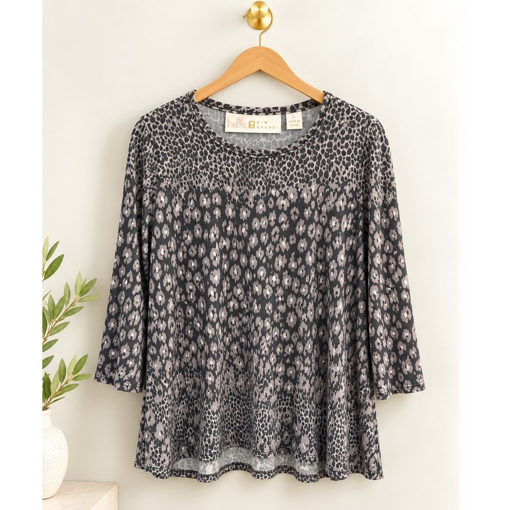 Belle by Kim Gravel Gray Leopard Print 3/4 Sleeve Tunic Top Large High-Low Hem